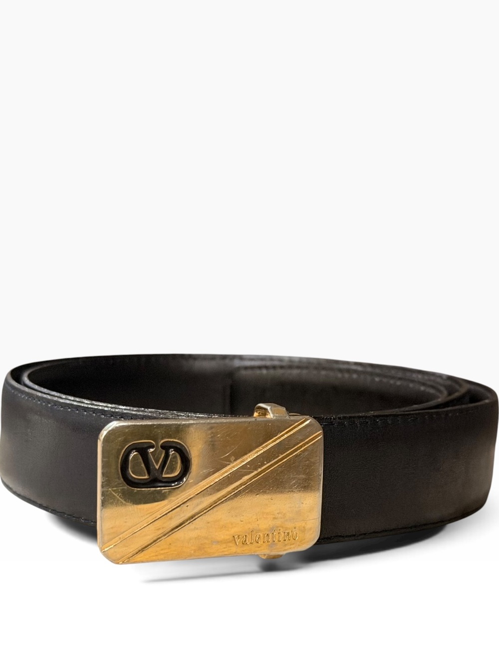 Vintage Valentino Garavani Black Leather Belt Gold Plated Buckle Italy